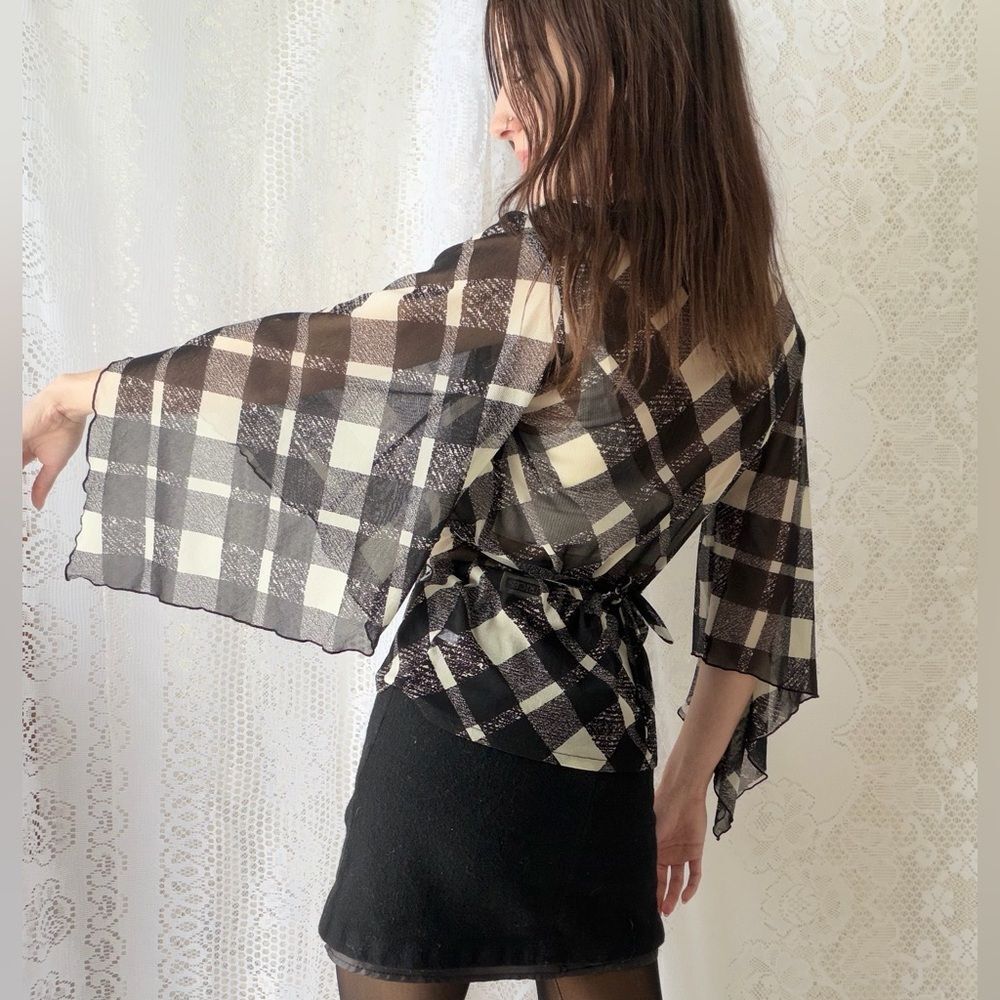 Y2K Sheer Plaid Wrap Top Bell Sleeve Tie Front 2000s - Picture 7 of 16